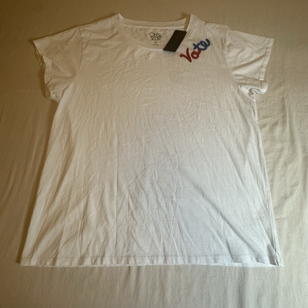 Chaser Brand Womens Embroidered Vote Graphic T-Shirt White Blue Red Tee Sz S NWT